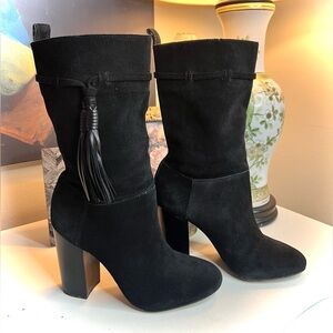 Vince Camuto Black Suede Leather Fermel Slouch Tassel Mid Calf Boots